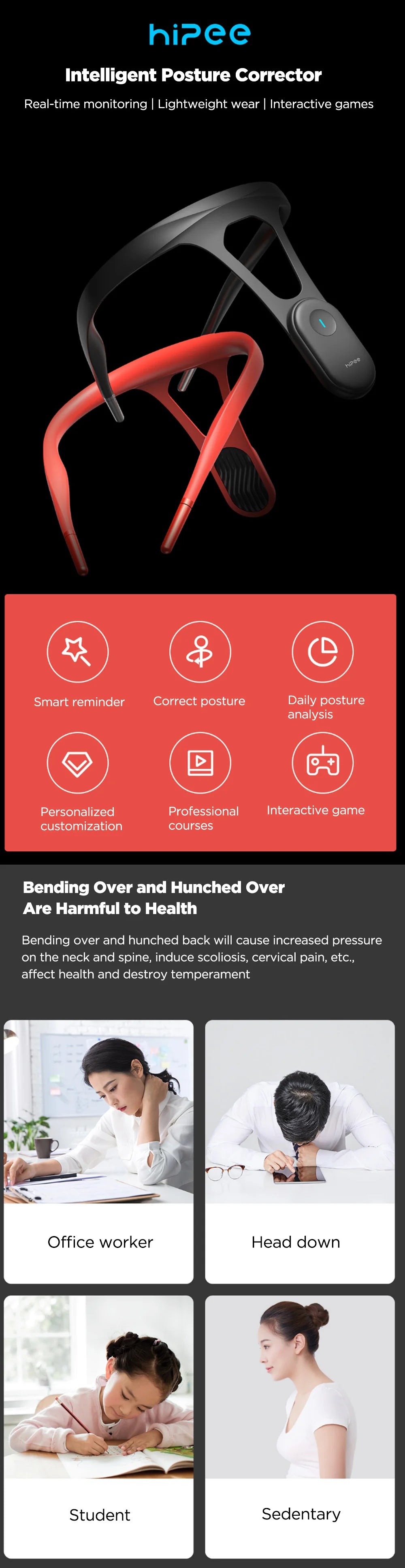 Hipee Smart Posture Correction Device Realtime Scientific Back Posture Training Monitoring Corrector For Adult