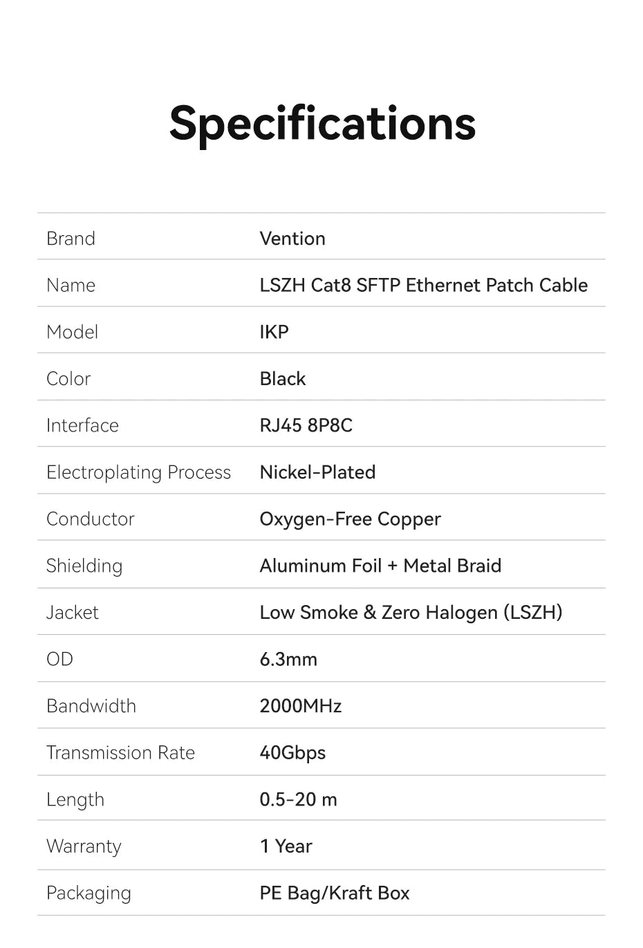 Vention CAT8 Ethernet Cable 40Gbps 2000MHz CAT 8 Networking High Speed Internet Lan Cord for PC Laptops PS5 4 Router RJ45 Cable