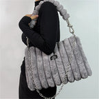 Women Plush Tote Bag with Crossbody/Handheld Carry Soft Striped Plush Exterior Cozy Handbag Shoulder Bag for Travel Everyday Use