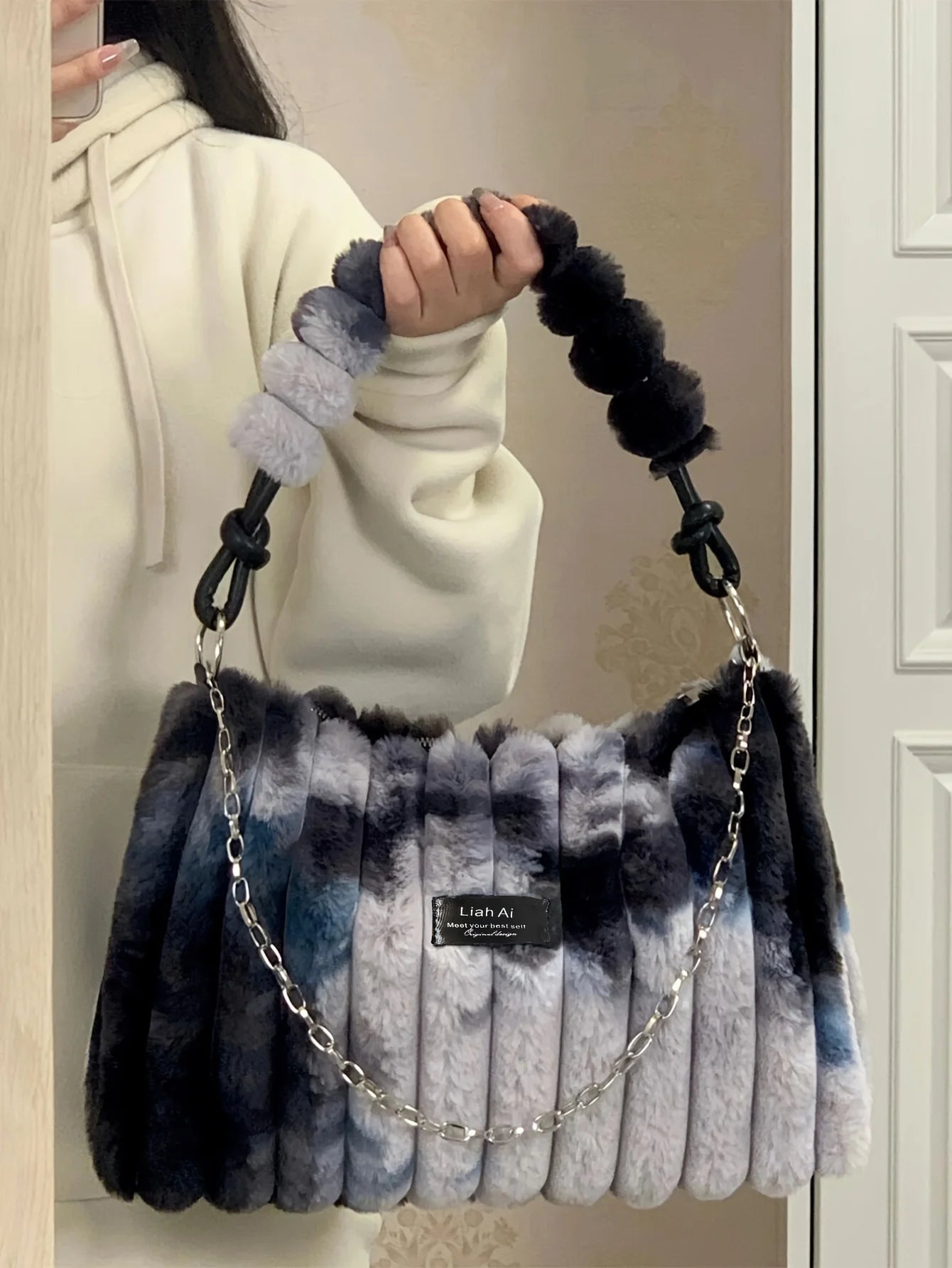 Women Plush Tote Bag with Crossbody/Handheld Carry Soft Striped Plush Exterior Cozy Handbag Shoulder Bag for Travel Everyday Use