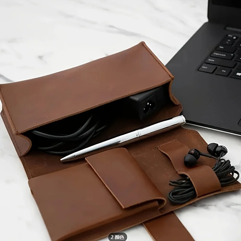 1pc PU Leather Multi-Compartment Organizer-Portable Tech School Accessories Case for Cables,Chargers,Pens-Durable Travel Storage