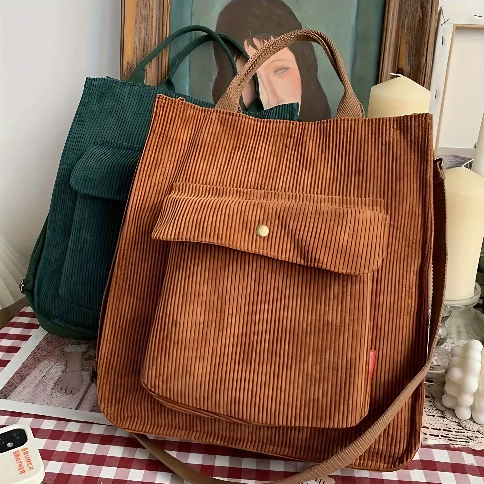 Women's Vintage Corduroy Tote Bag, Stylish Multiple Pockets, Ideal for Students, Work, Everyday Handbag Shoulder Crossbody Bag