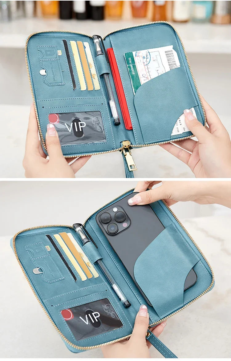 Travel Wallet Passport Holder Ticket Holder, Credit Card Case, Multi-functional Zippered Wallet with Wrist Strap