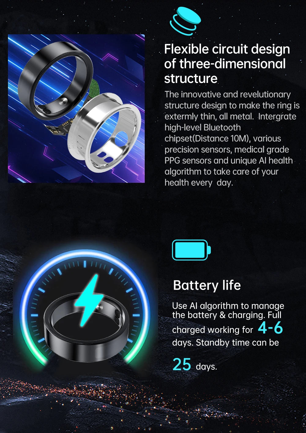 Qino K21 Smart Ring New Health Monitor with Smart Touch Multi-Sport Mode 5ATM Waterproof Skin Temperature Measurement  Charg