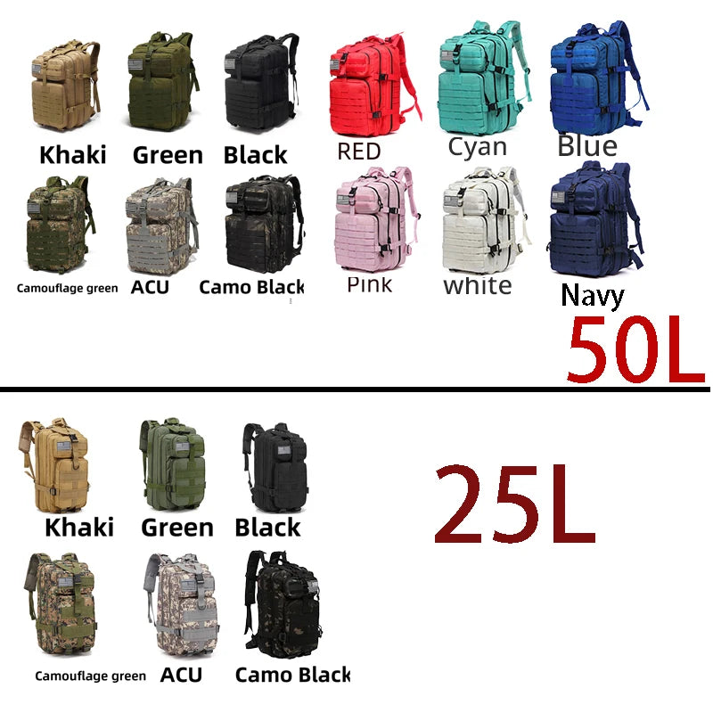 25L/50L Sturdy Nylon Waterproof Tactical Sports Trekking Fishing Hunting Camping Hiking Bag Backpack Outdoor Rucksacks