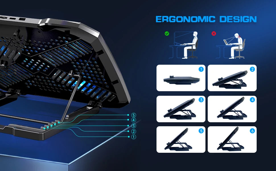 COOLCOOLD Laptop Cooling pad for 12-17 Inch Laptop Cooler Stand, 5 quiet fans, 5 Angle Adjustable with phone holder