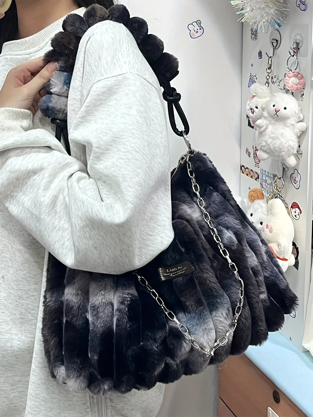 Women Plush Tote Bag with Crossbody/Handheld Carry Soft Striped Plush Exterior Cozy Handbag Shoulder Bag for Travel Everyday Use