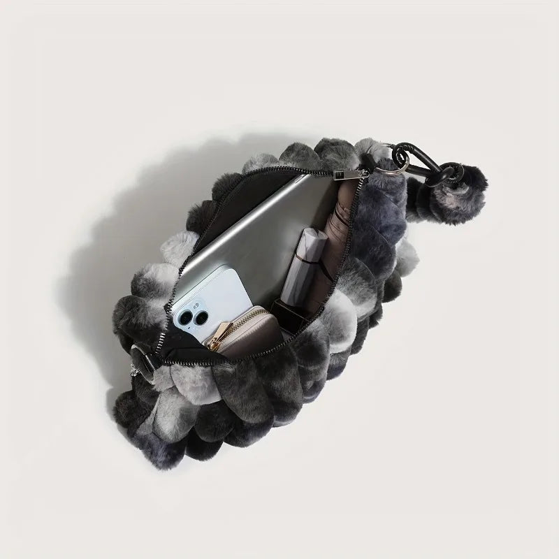 Women Plush Tote Bag with Crossbody/Handheld Carry Soft Striped Plush Exterior Cozy Handbag Shoulder Bag for Travel Everyday Use