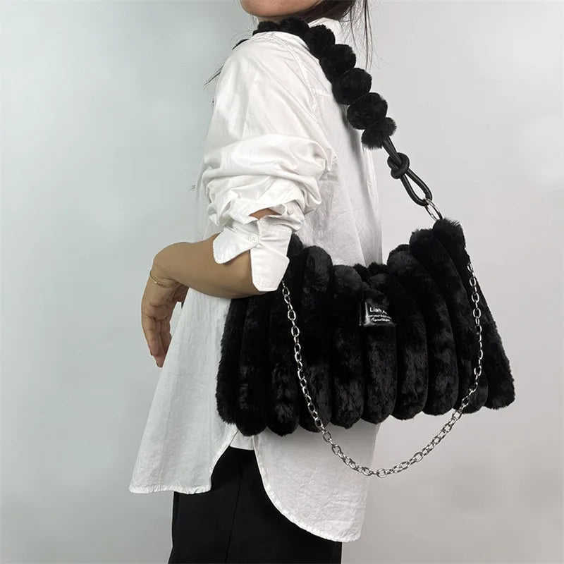 Women Plush Tote Bag with Crossbody/Handheld Carry Soft Striped Plush Exterior Cozy Handbag Shoulder Bag for Travel Everyday Use