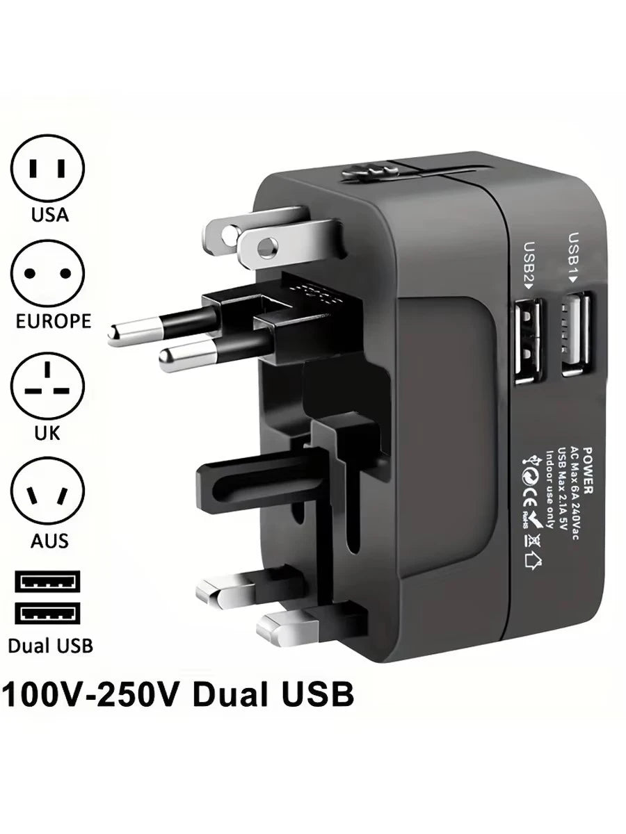 Universal AC power adapter with dual USB charging ports, universal travel plugs and sockets, EU-US AC power adapter