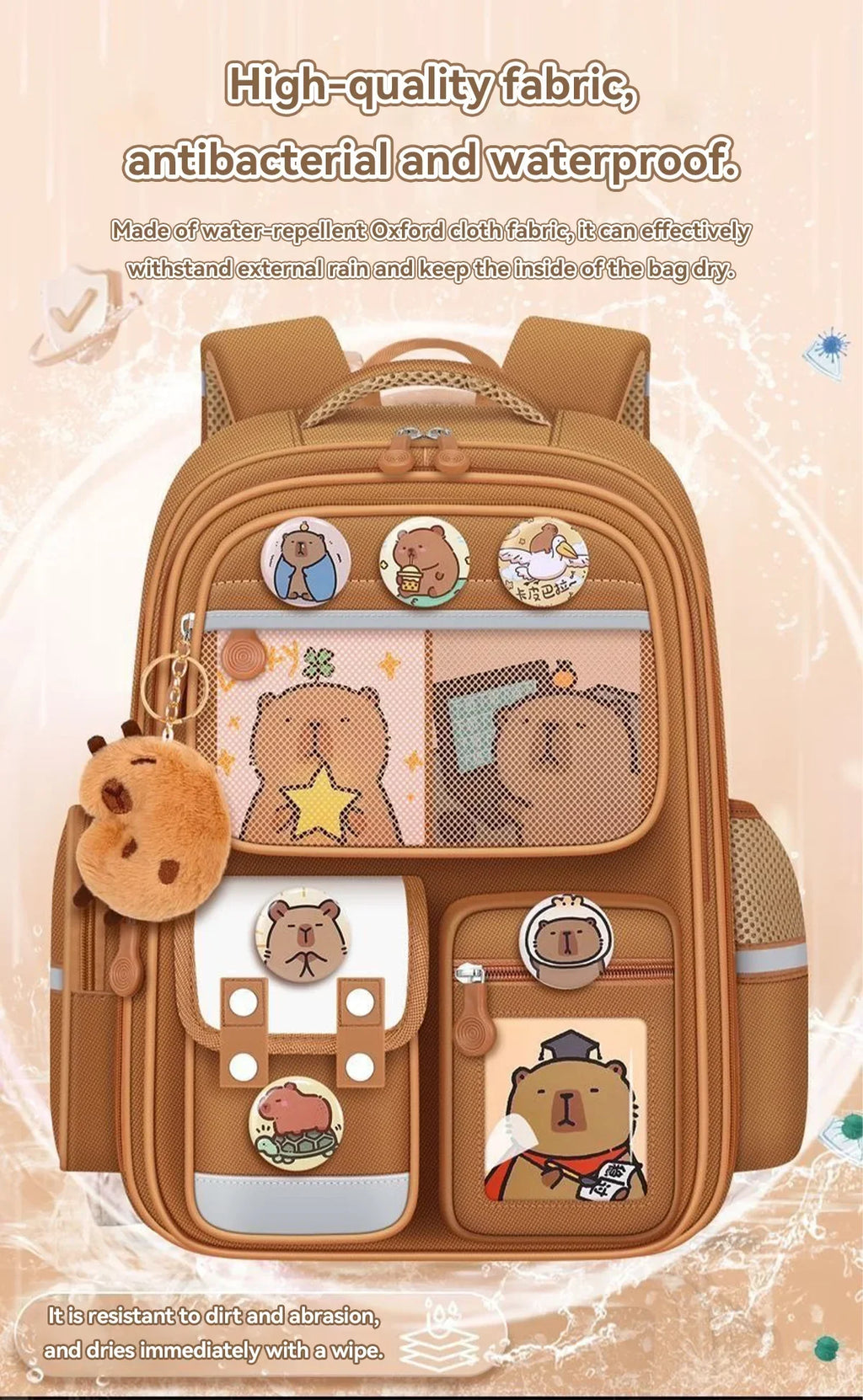Capybara School Bag Waterproof Backpack Large Capacity Alleviate Burden Protecting Spine Widen Straps Backpack for Students Gift
