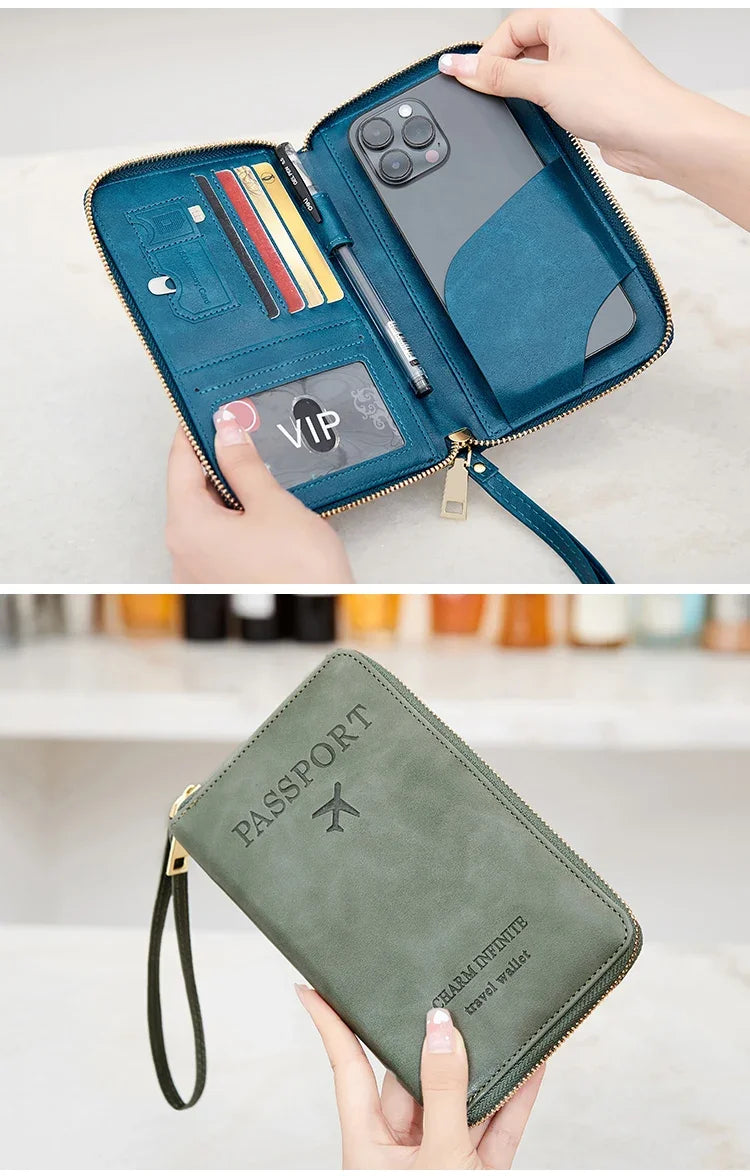 Travel Wallet Passport Holder Ticket Holder, Credit Card Case, Multi-functional Zippered Wallet with Wrist Strap