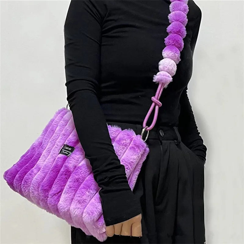 Women Plush Tote Bag with Crossbody/Handheld Carry Soft Striped Plush Exterior Cozy Handbag Shoulder Bag for Travel Everyday Use