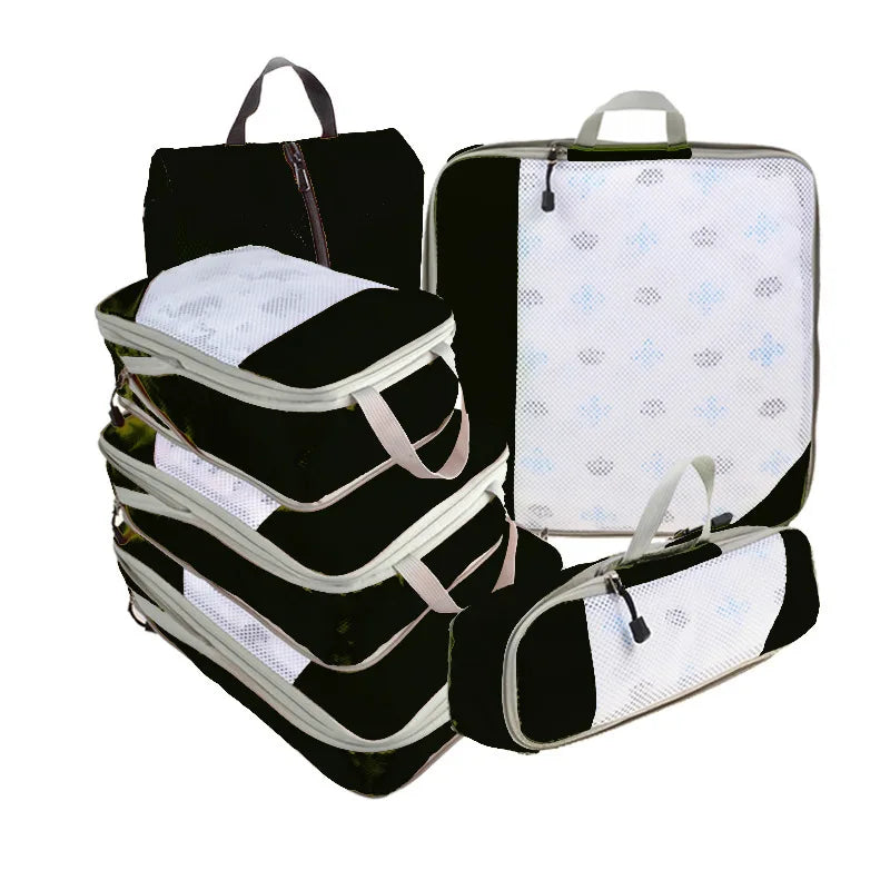 6PCS Travel Compressed Packing Cubes Storage Organizer Set With Shoe Bag Mesh Visual Luggage Portable Lightweight Suitcase Bag
