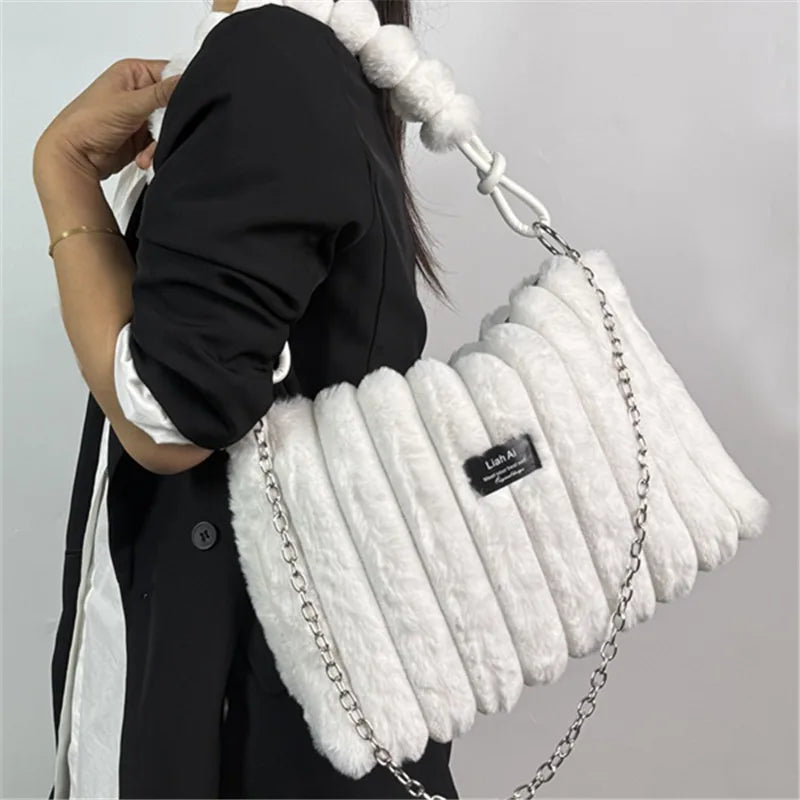 Women Plush Tote Bag with Crossbody/Handheld Carry Soft Striped Plush Exterior Cozy Handbag Shoulder Bag for Travel Everyday Use