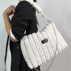 Women Plush Tote Bag with Crossbody/Handheld Carry Soft Striped Plush Exterior Cozy Handbag Shoulder Bag for Travel Everyday Use