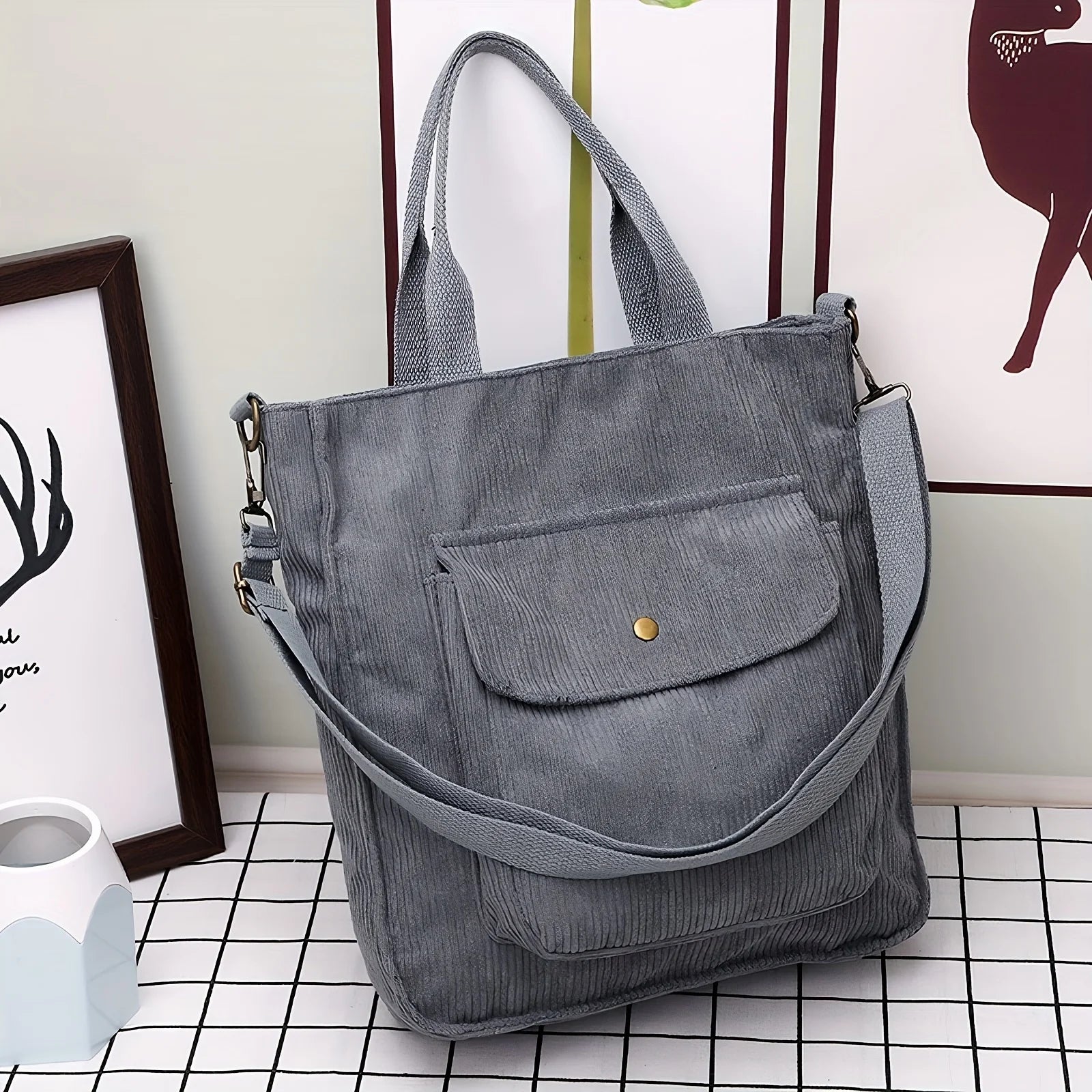 Women's Vintage Corduroy Tote Bag, Stylish Multiple Pockets, Ideal for Students, Work, Everyday Handbag Shoulder Crossbody Bag