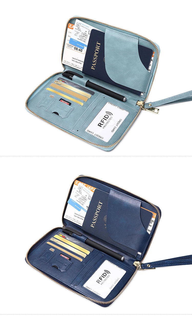 Travel Wallet Passport Holder Ticket Holder, Credit Card Case, Multi-functional Zippered Wallet with Wrist Strap