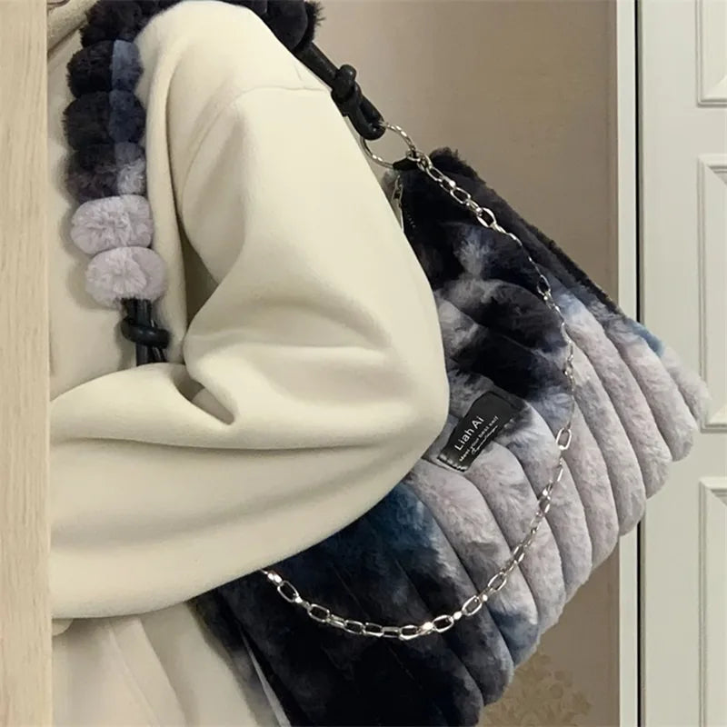 Women Plush Tote Bag with Crossbody/Handheld Carry Soft Striped Plush Exterior Cozy Handbag Shoulder Bag for Travel Everyday Use