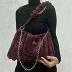 Women Plush Tote Bag with Crossbody/Handheld Carry Soft Striped Plush Exterior Cozy Handbag Shoulder Bag for Travel Everyday Use