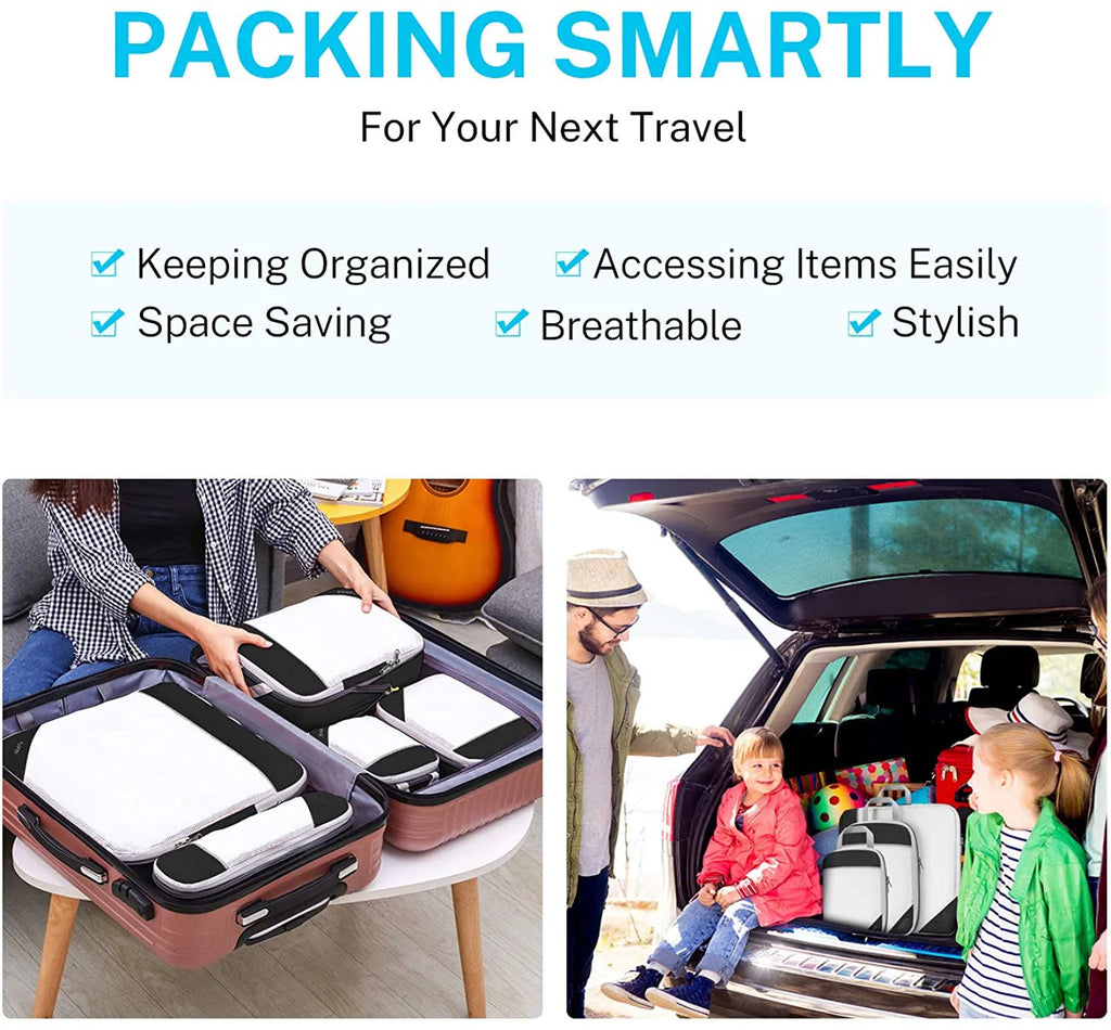 6PCS Travel Compressed Packing Cubes Storage Organizer Set With Shoe Bag Mesh Visual Luggage Portable Lightweight Suitcase Bag
