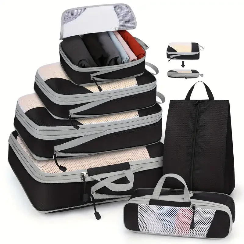 6PCS Travel Compressed Packing Cubes Storage Organizer Set With Shoe Bag Mesh Visual Luggage Portable Lightweight Suitcase Bag