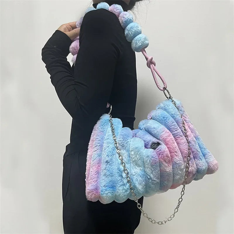 Women Plush Tote Bag with Crossbody/Handheld Carry Soft Striped Plush Exterior Cozy Handbag Shoulder Bag for Travel Everyday Use