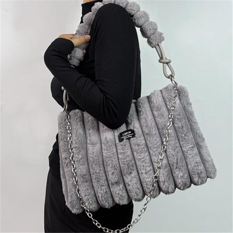 Women Plush Tote Bag with Crossbody/Handheld Carry Soft Striped Plush Exterior Cozy Handbag Shoulder Bag for Travel Everyday Use