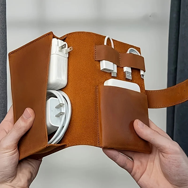 1pc PU Leather Multi-Compartment Organizer-Portable Tech School Accessories Case for Cables,Chargers,Pens-Durable Travel Storage