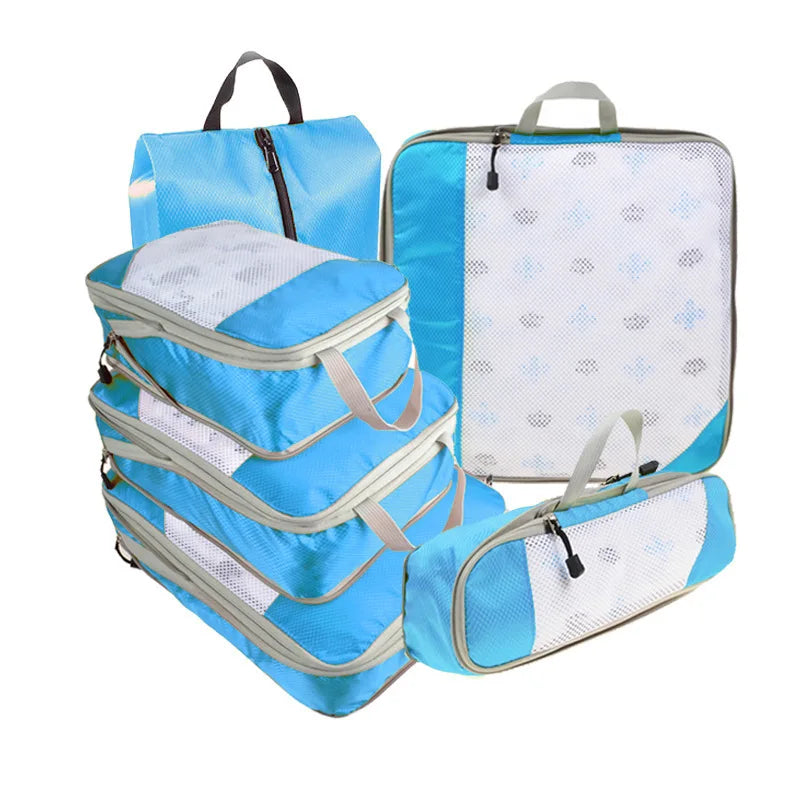 6PCS Travel Compressed Packing Cubes Storage Organizer Set With Shoe Bag Mesh Visual Luggage Portable Lightweight Suitcase Bag