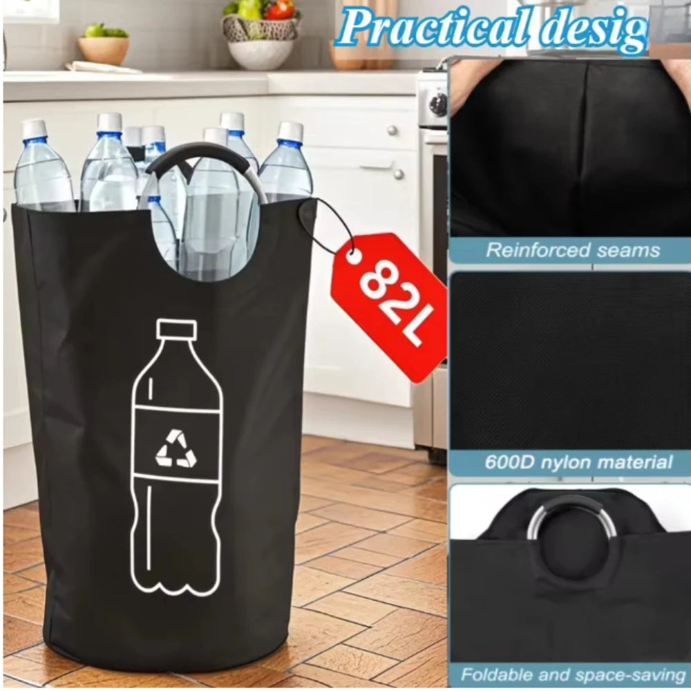 82L Empty Bottle Storage Basket Folding Kitchen Wastewater Bottle Collector Bag with Aluminum Handle Large Capacity Bin