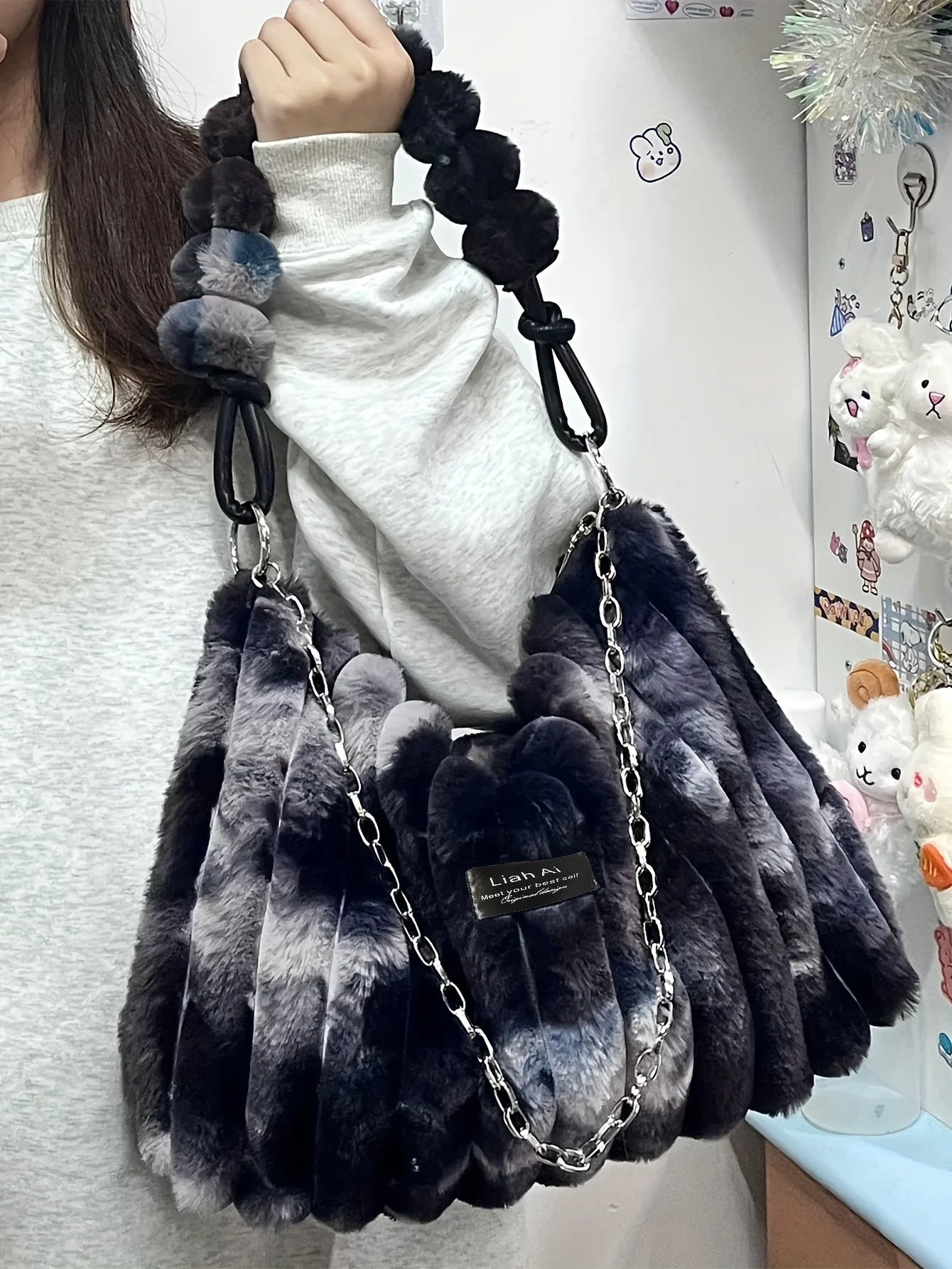 Women Plush Tote Bag with Crossbody/Handheld Carry Soft Striped Plush Exterior Cozy Handbag Shoulder Bag for Travel Everyday Use