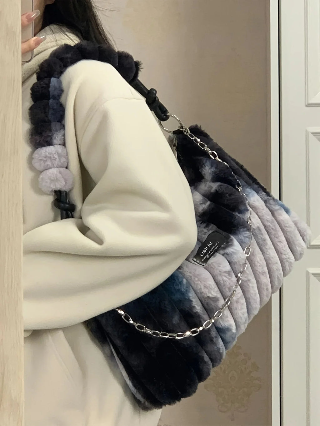 Women Plush Tote Bag with Crossbody/Handheld Carry Soft Striped Plush Exterior Cozy Handbag Shoulder Bag for Travel Everyday Use