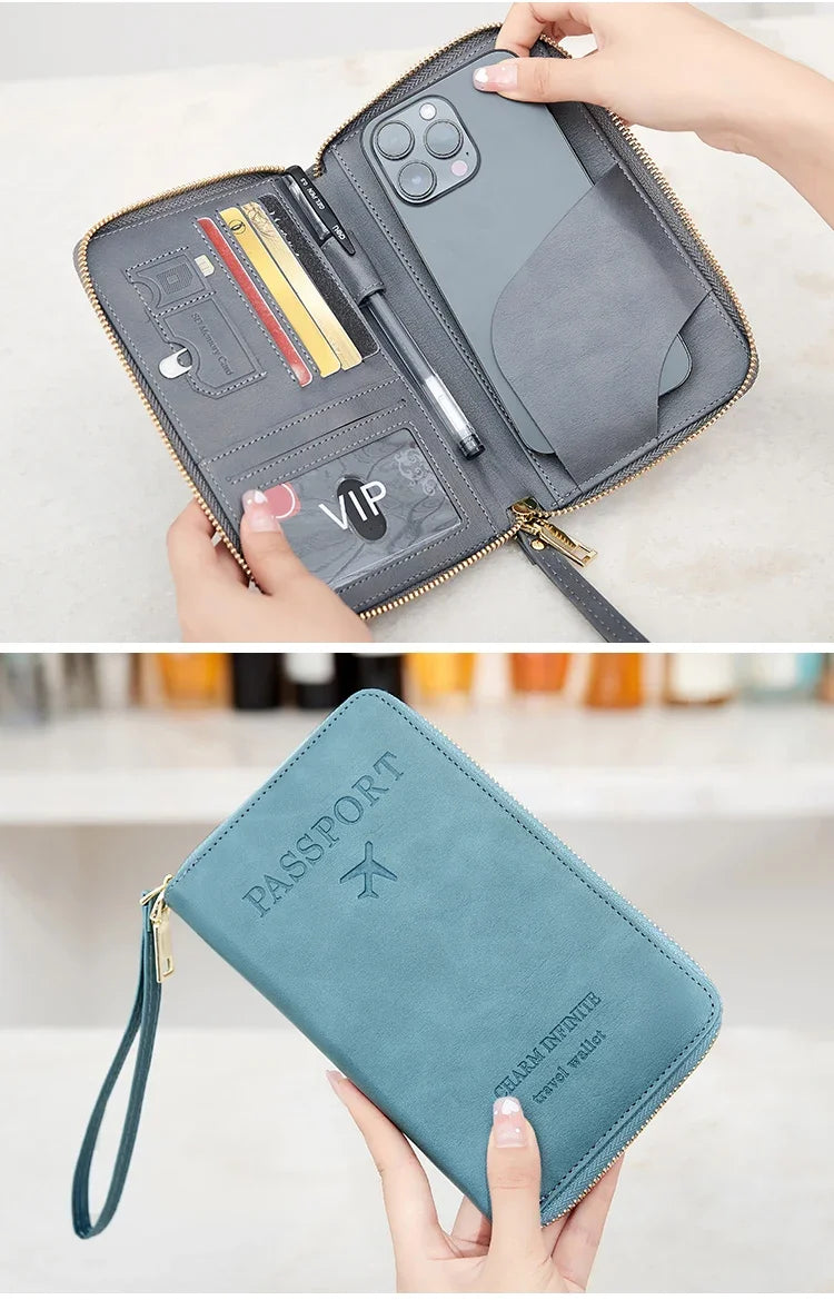Travel Wallet Passport Holder Ticket Holder, Credit Card Case, Multi-functional Zippered Wallet with Wrist Strap