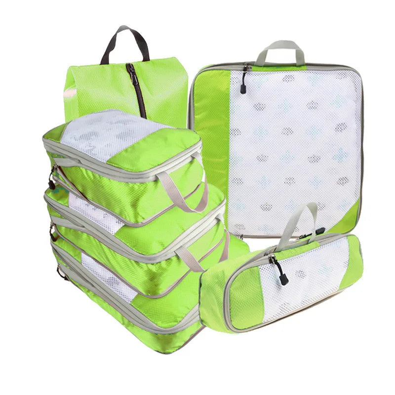 6PCS Travel Compressed Packing Cubes Storage Organizer Set With Shoe Bag Mesh Visual Luggage Portable Lightweight Suitcase Bag