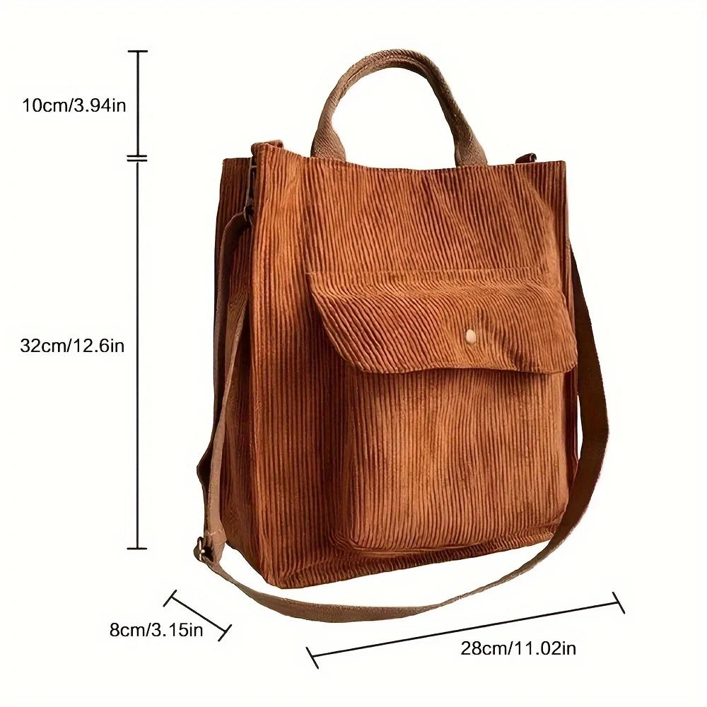 Women's Vintage Corduroy Tote Bag, Stylish Multiple Pockets, Ideal for Students, Work, Everyday Handbag Shoulder Crossbody Bag